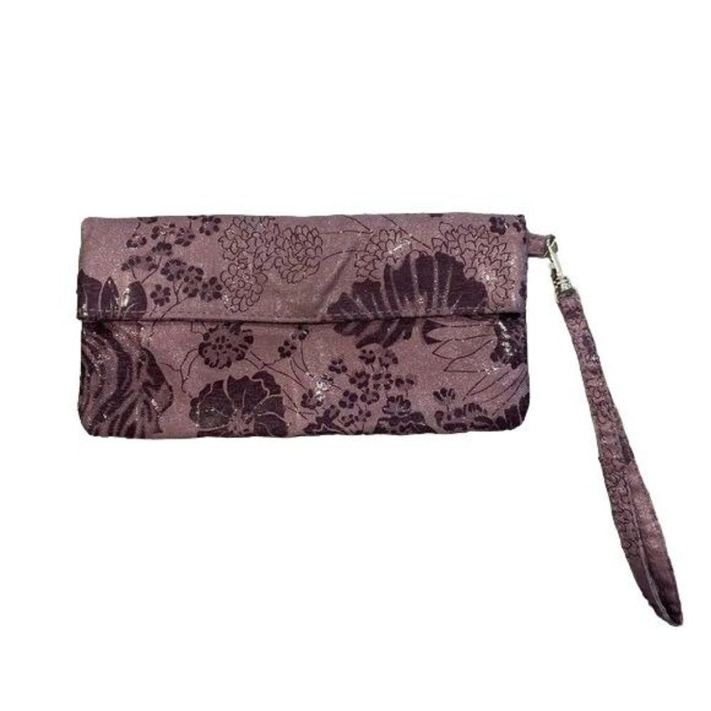 Purple Floral Wristlet Clutch Soft Purse w Strap Small Flowers Embossed Handbag